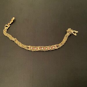 Gold Tone Double Chain With Pink and Clear Rhinestones Bracelet